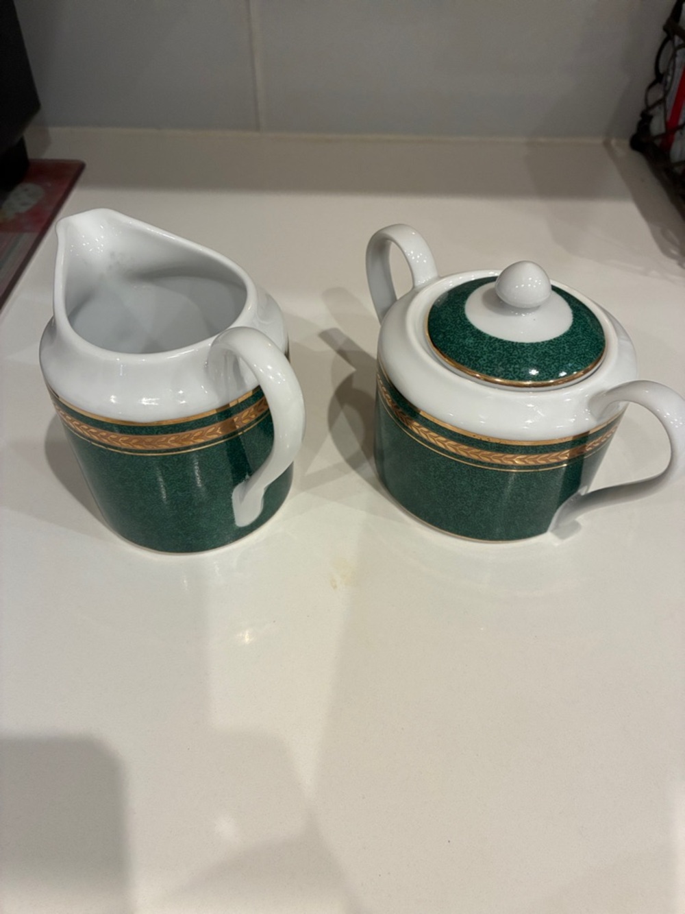 Elegant Green and Gold Porcelain Creamer and Sugar Set by PTS In’l